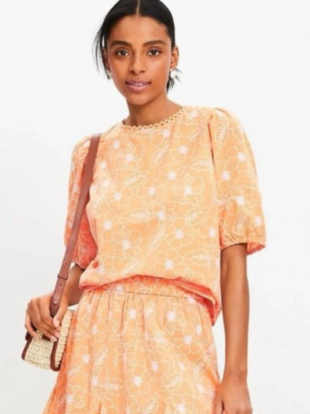 LOFT Peach Orange Floral Print Embroidered Puff Sleeve Blouse
